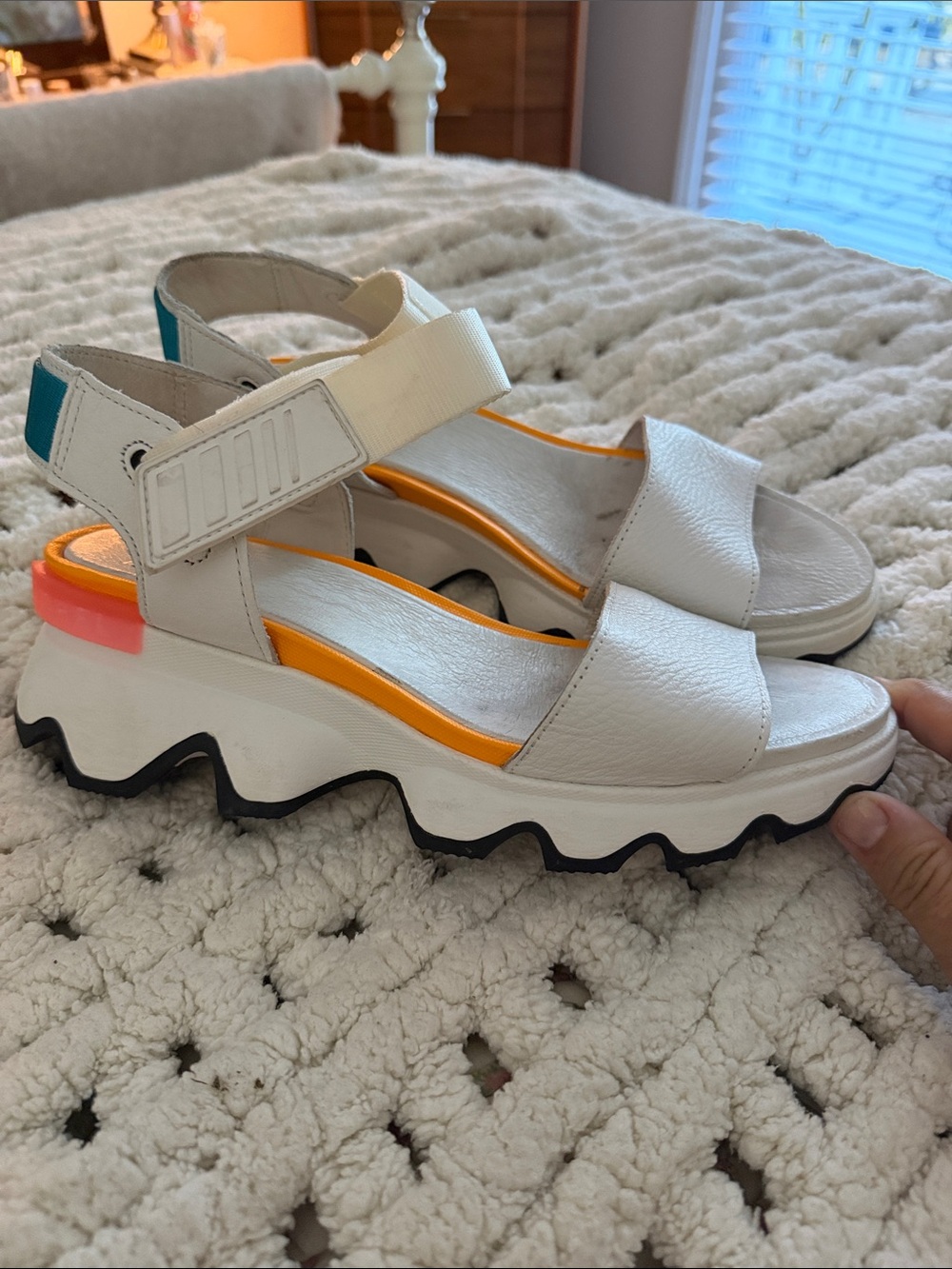 Sorel White Sandal with Orange and Teal Accents